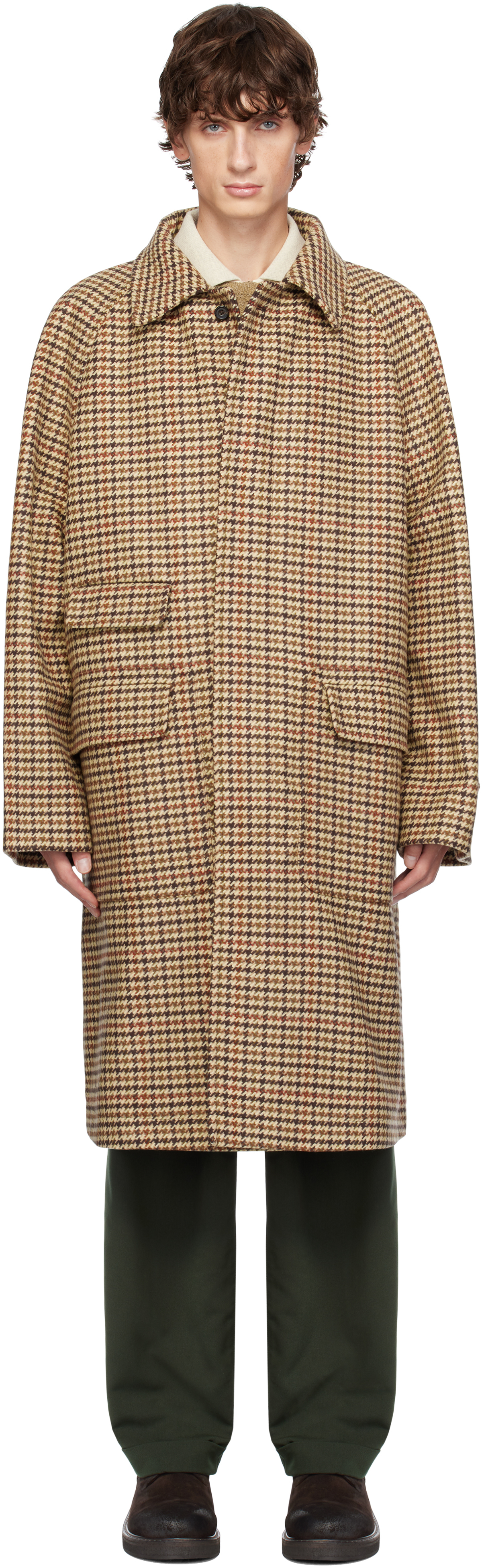 Shop Drake's Beige Houndstooth Check Wool Raglan Coat In 303 Gun Check