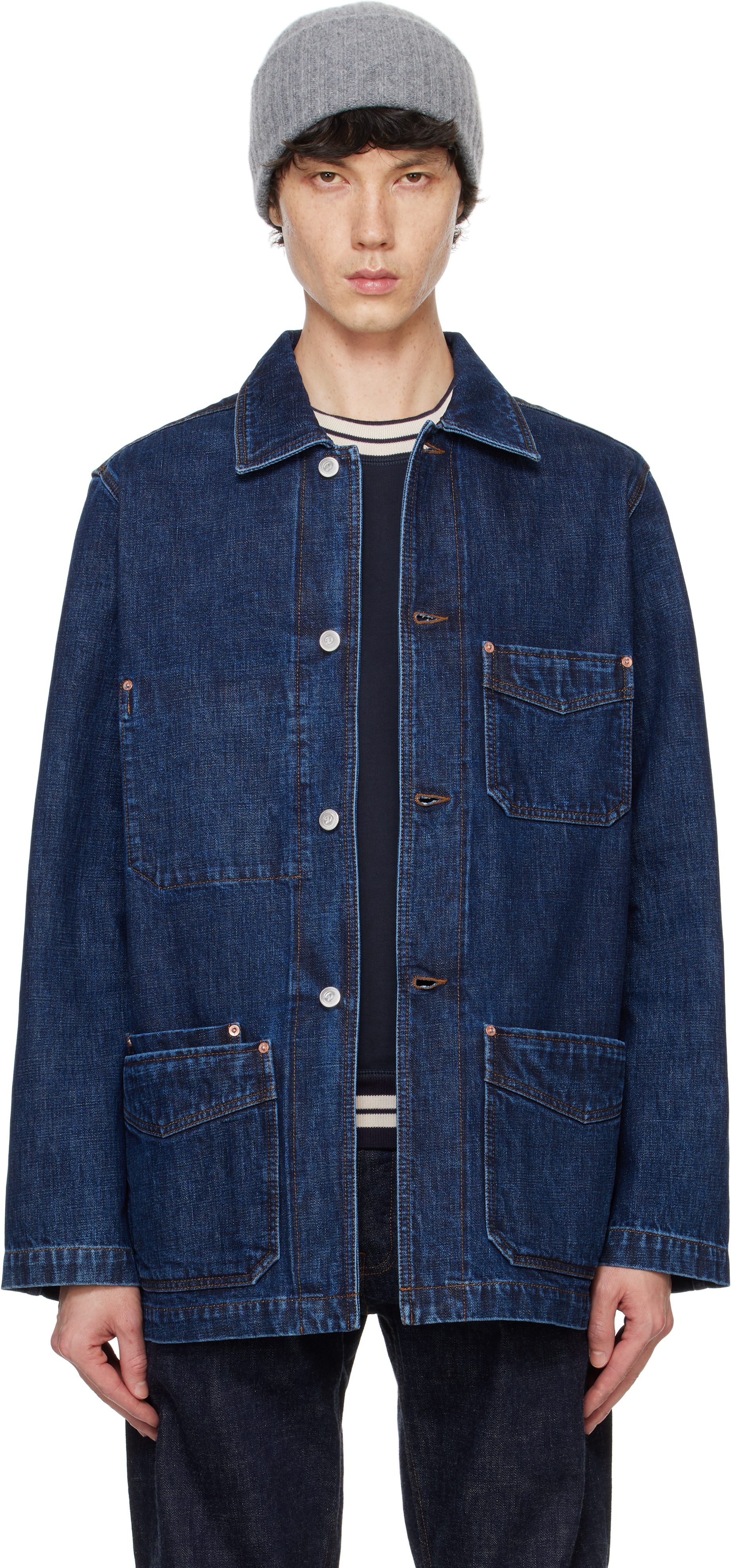 Shop Drake's Navy Selvedge Five-pocket Denim Chore Jacket In 200 Stone Wash