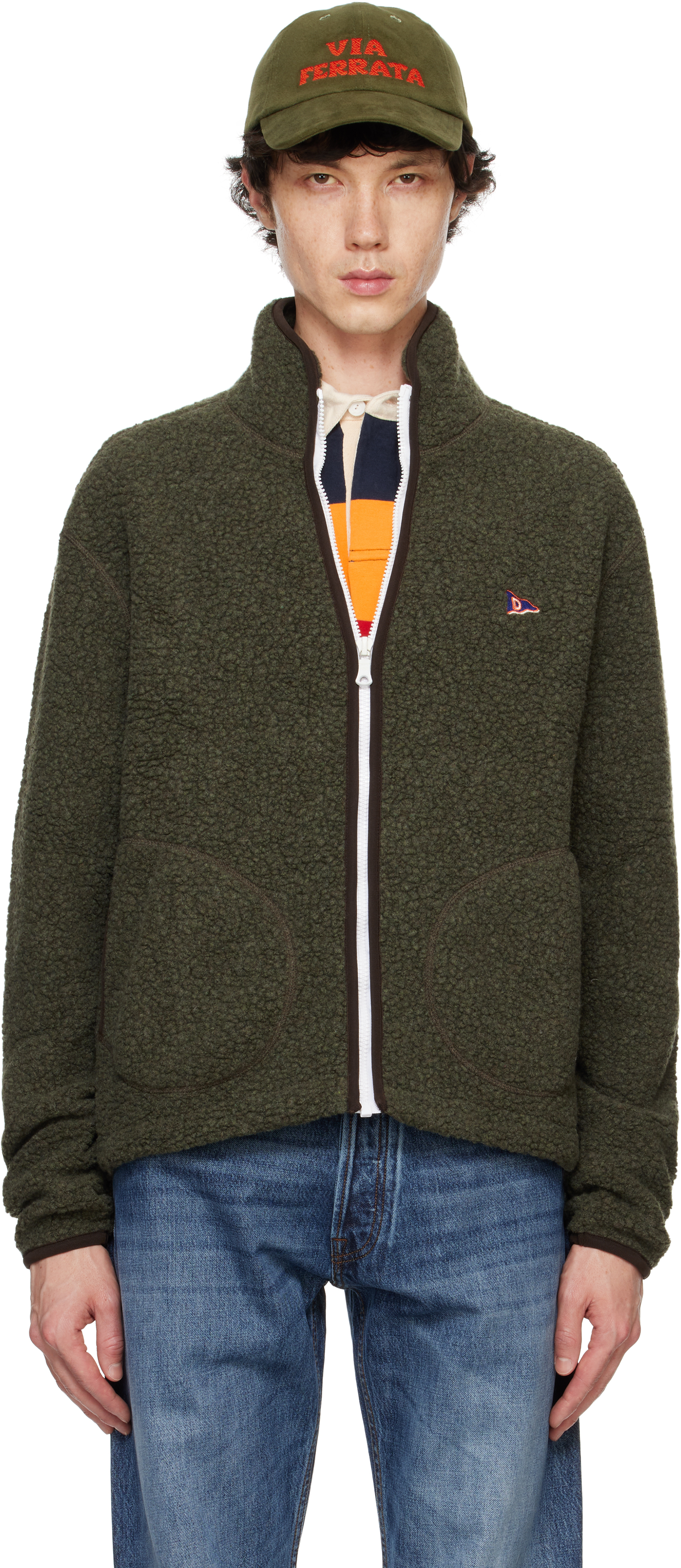 Green Boucle Wool Zip Fleece Jacket