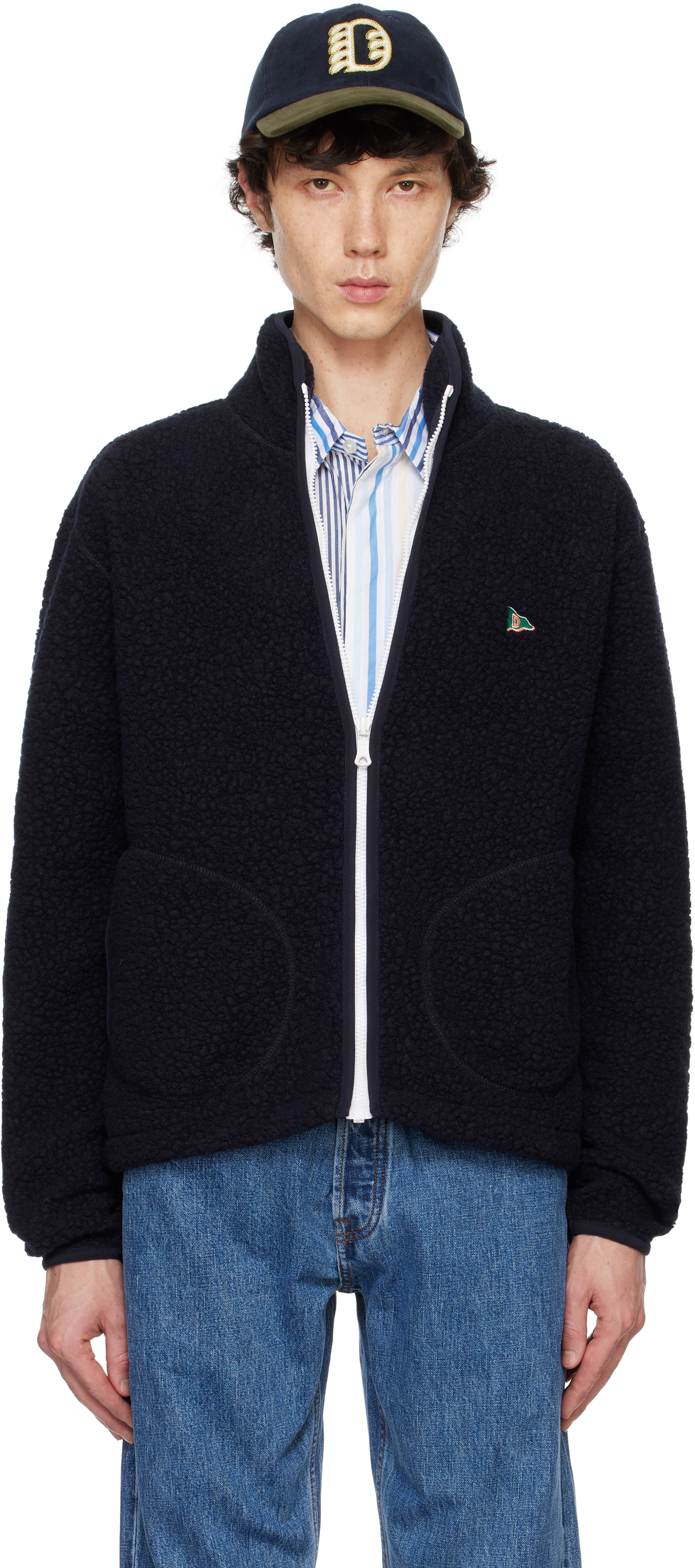 Navy Boucle Wool Zip Fleece Jacket by Drake's on Sale