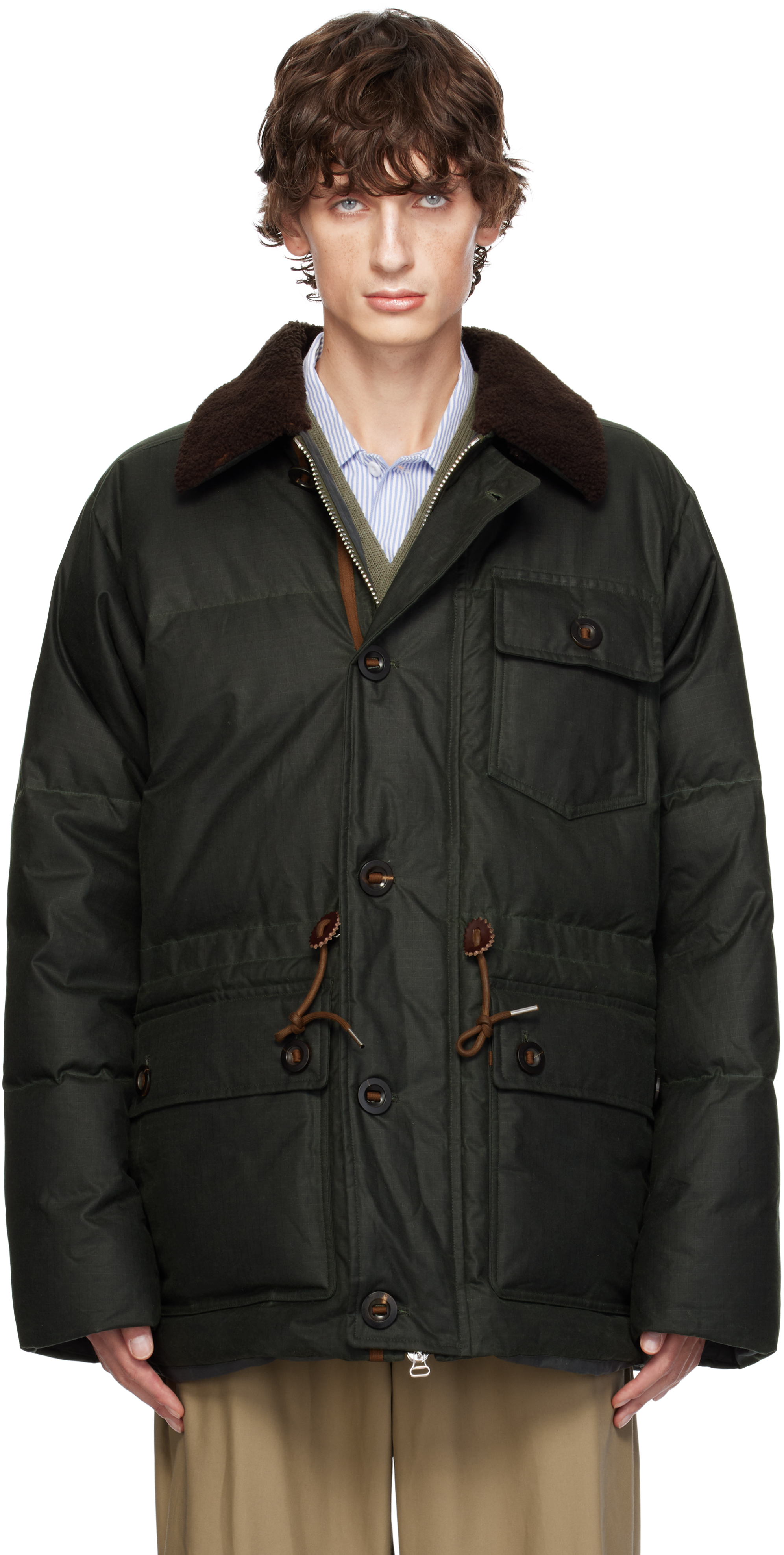 DRAKE'S KHAKI WAXED COTTON EXPEDITION DOWN JACKET 