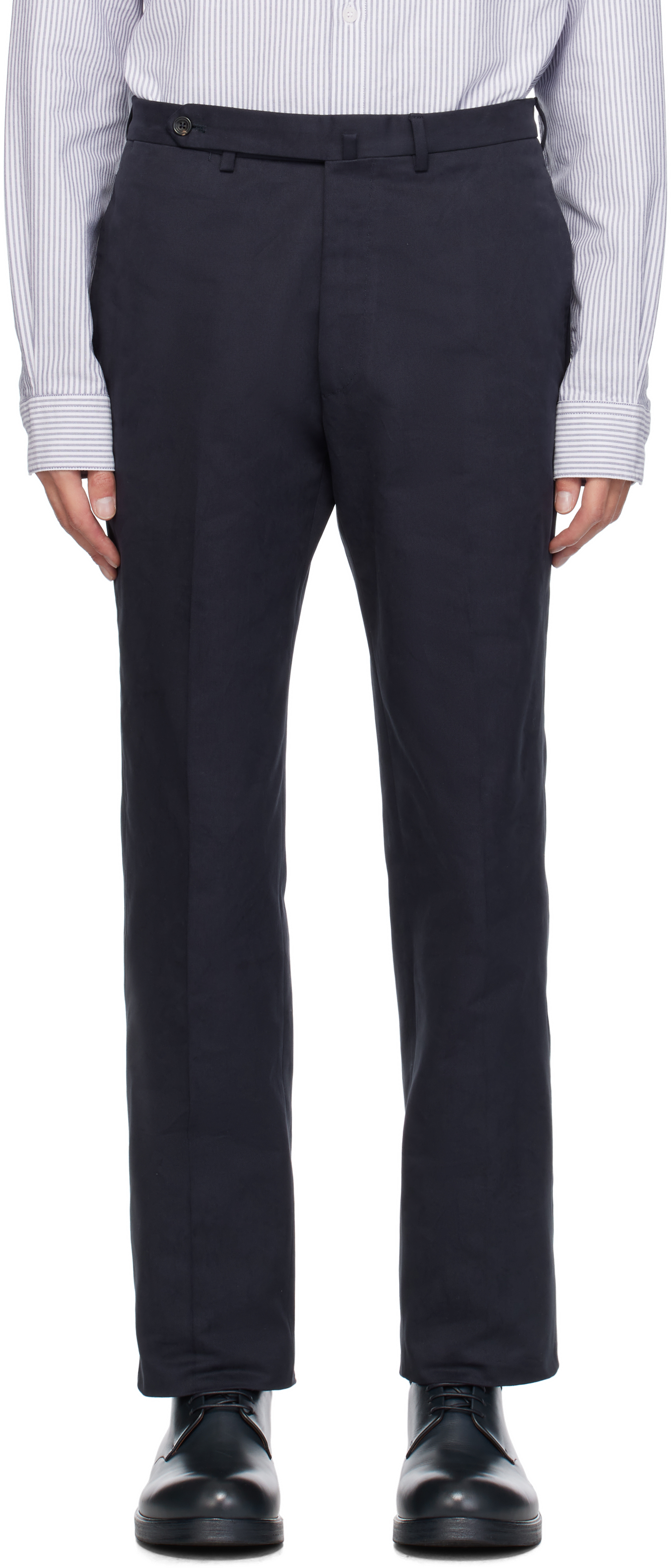 Shop Drake's Navy Cotton Drill Flat Front Trousers In 250 Navy