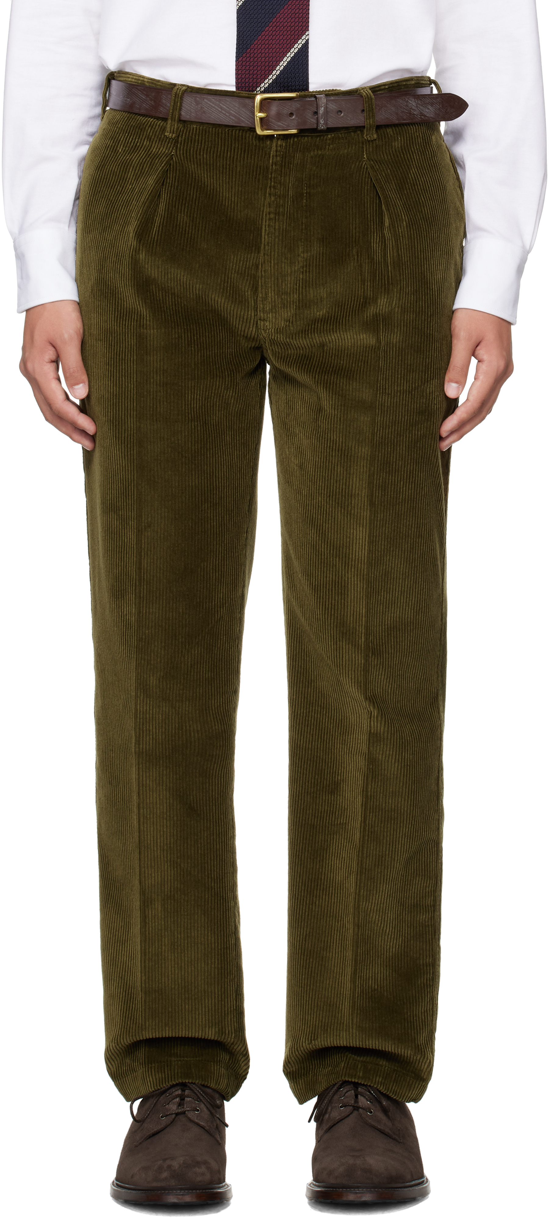 Shop Drake's Khaki Cotton Corduroy Games Trousers In 400 Olive