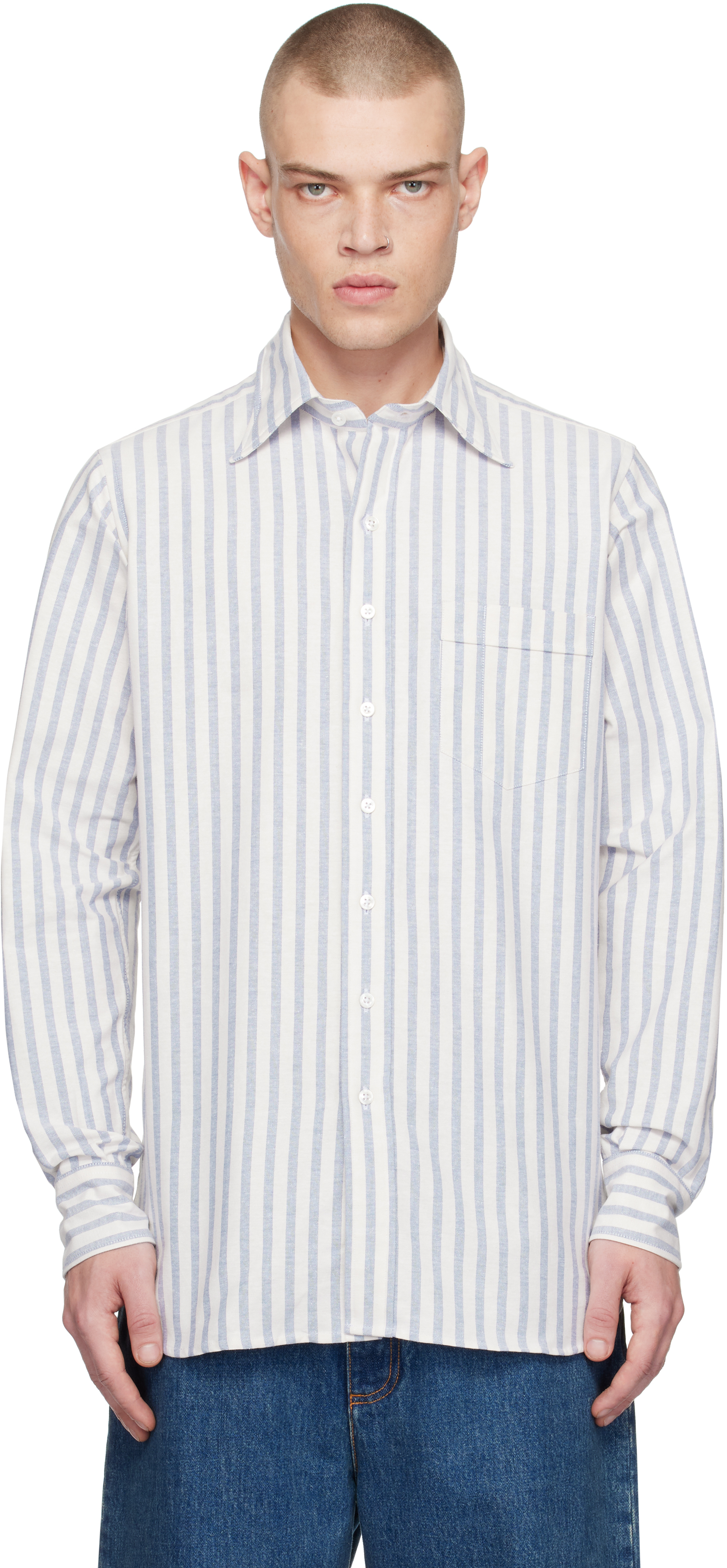 Blue & White Long Point Collar Shirt