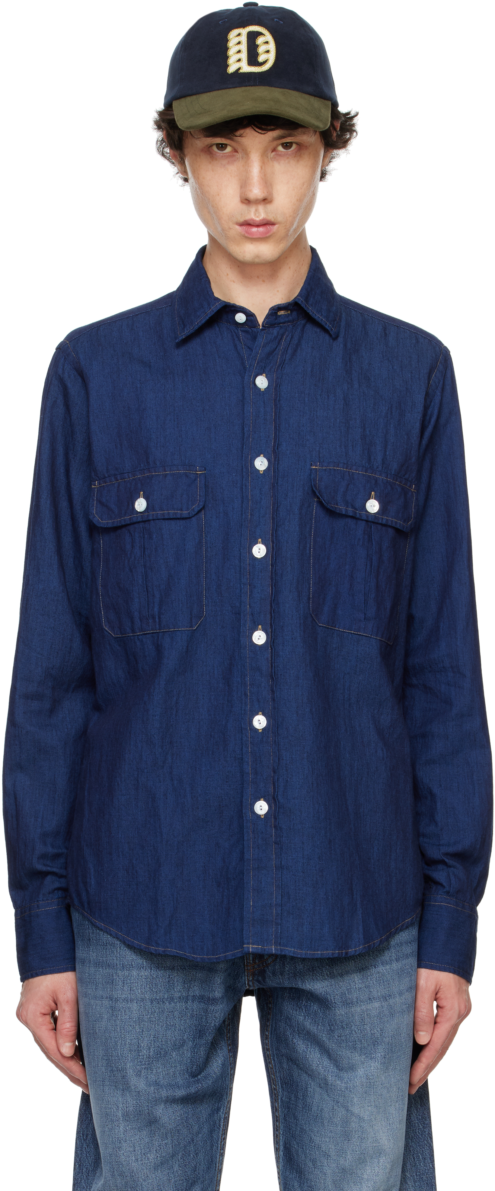 Blue Cotton Linen Two-Pocket Work Denim Shirt