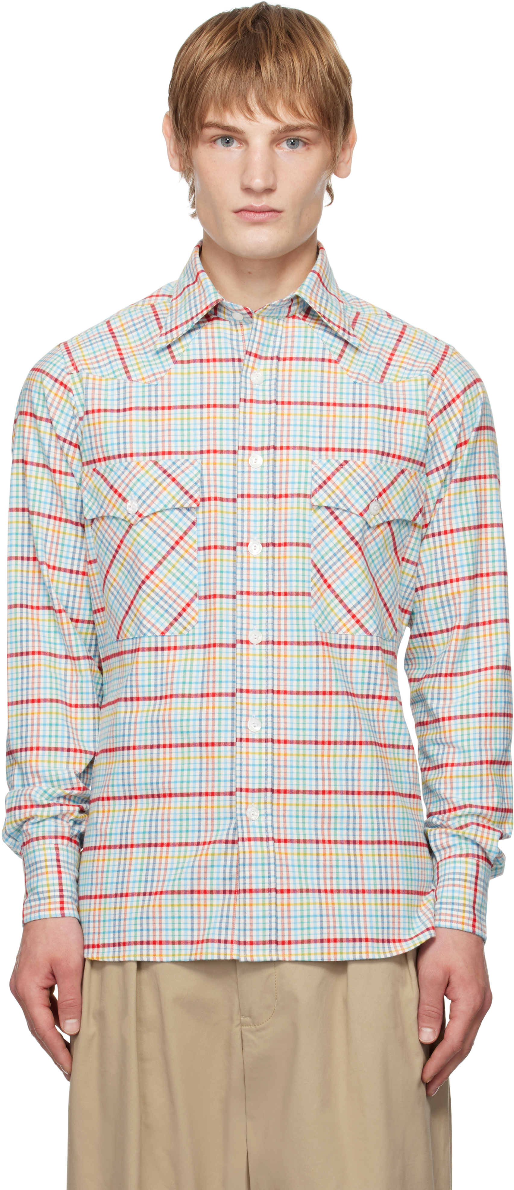 Multicolor Brushed Tablecloth Check Cotton Two-Pocket Work Shirt