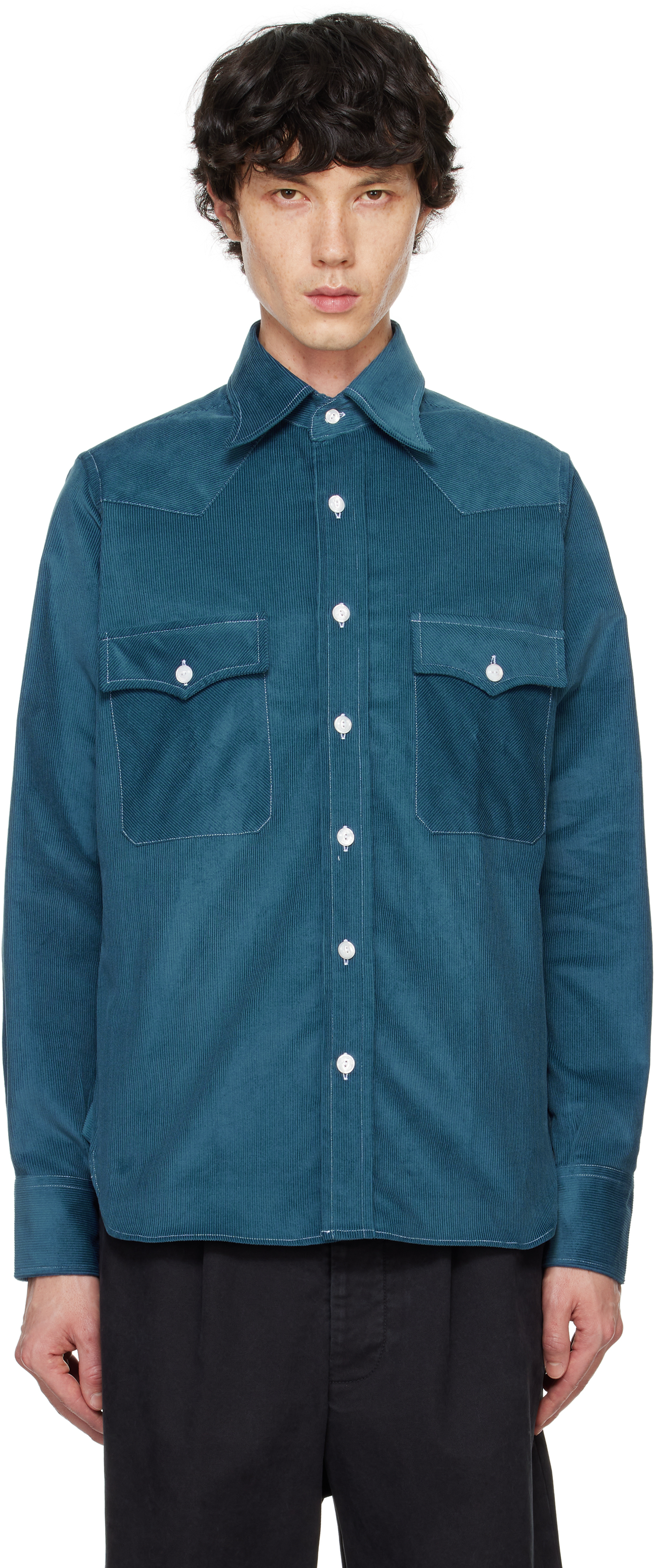 Blue Corduroy Two-Pocket Western Shirt