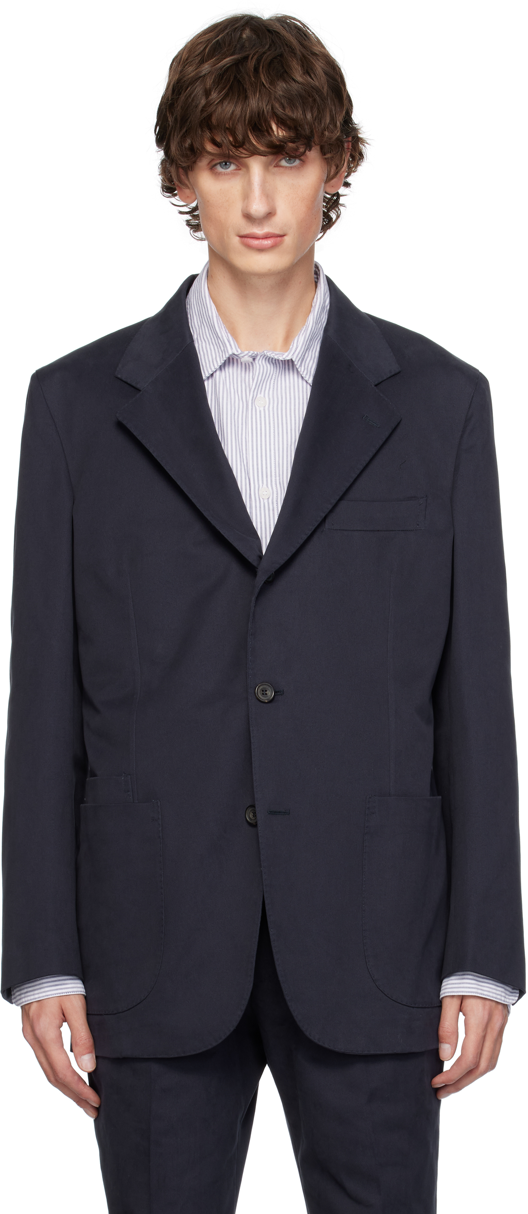 DRAKE'S NAVY COTTON DRILL TAILORED BLAZER 