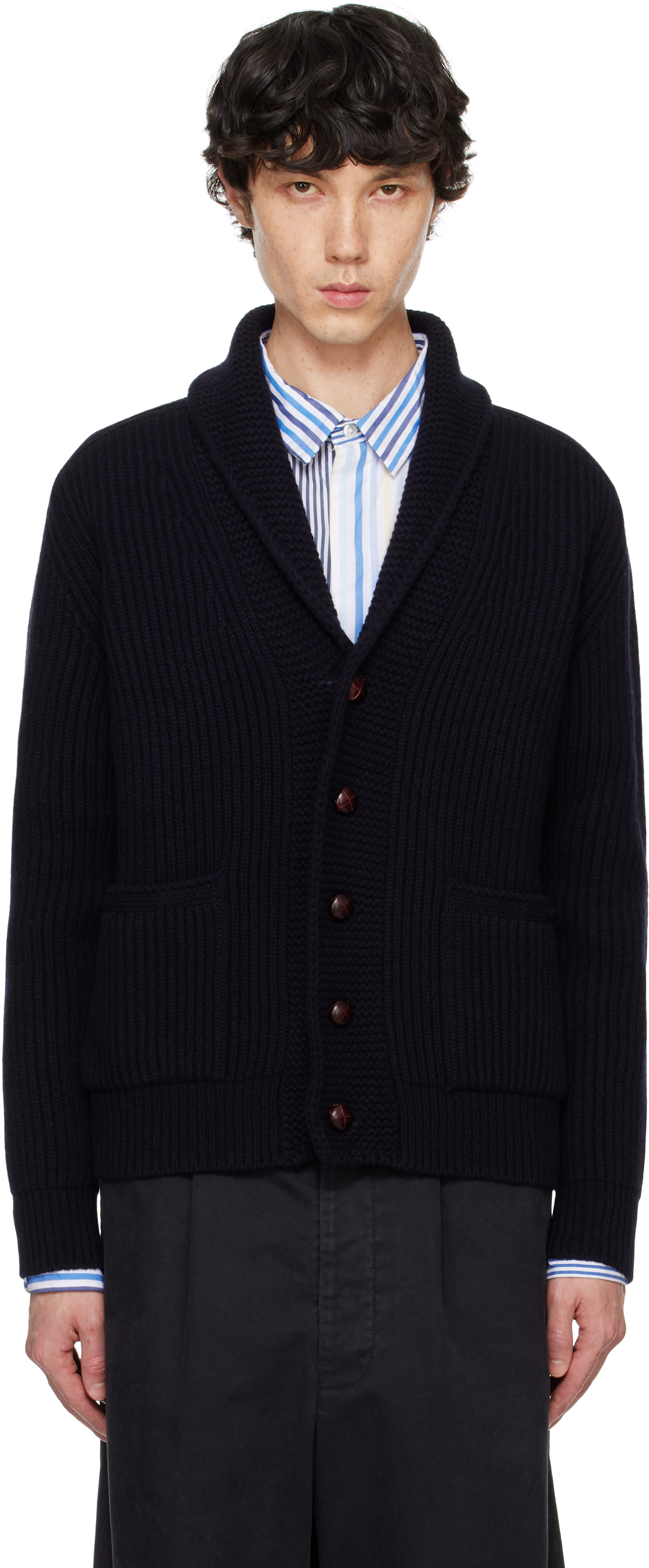 DRAKE'S NAVY LAMBSWOOL SHAWL COLLAR CARDIGAN 