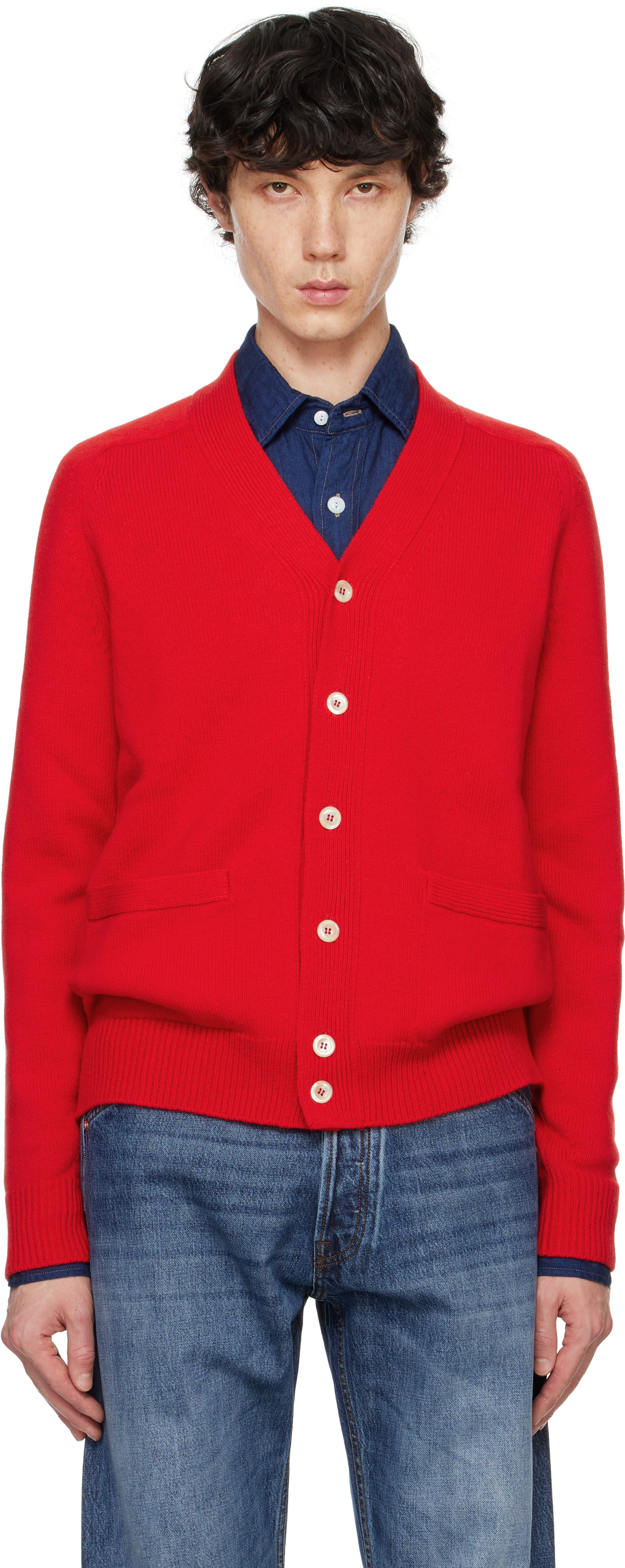 Red Lambswool 6 Button Cardigan