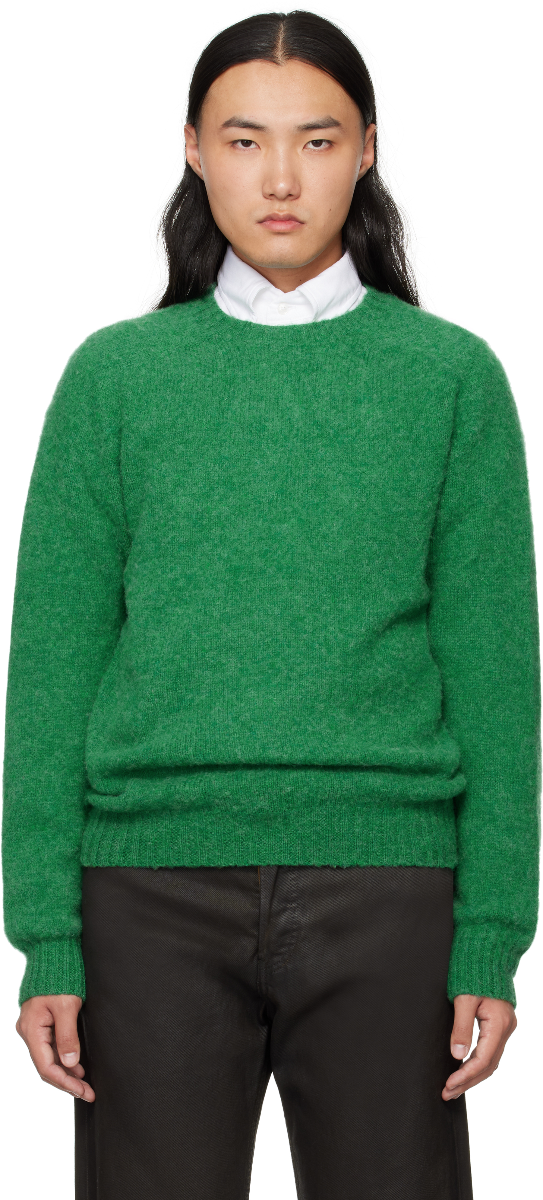 Green Brushed Shetland Crew Neck Sweater