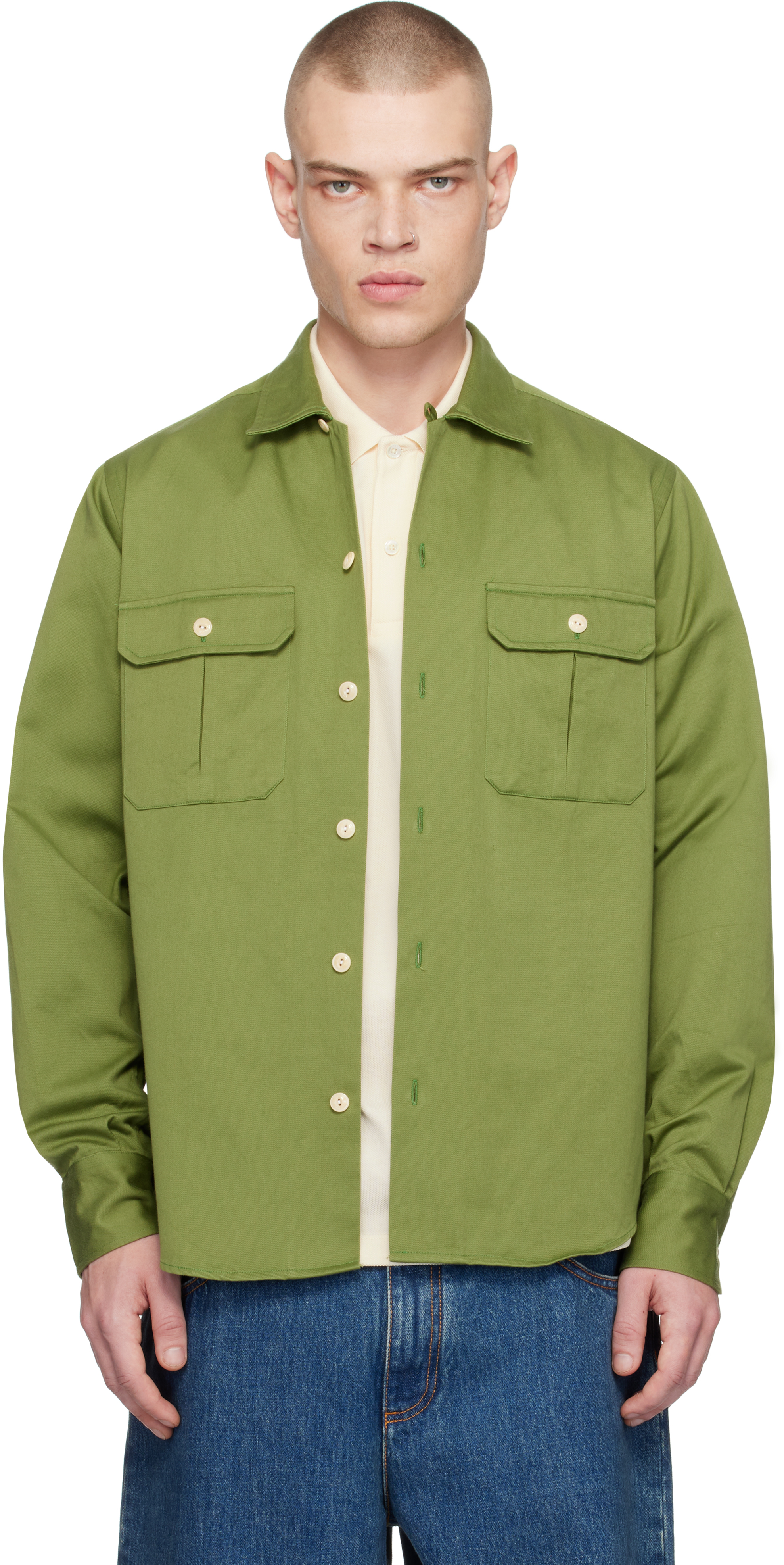 Green Brushed Cotton Twill Camp Collar Shirt