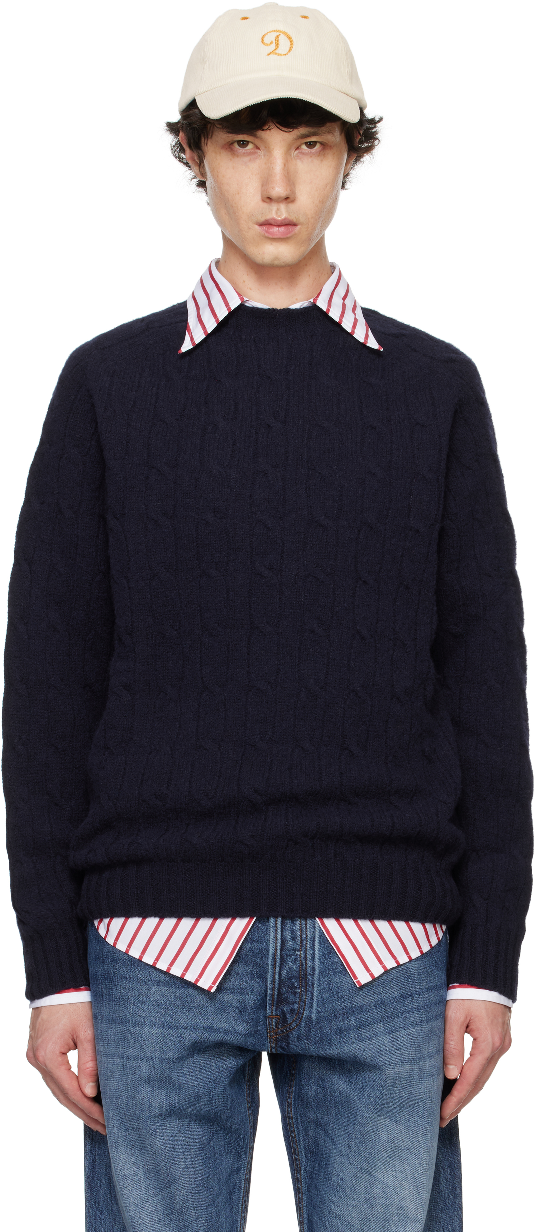 Navy Brushed Shetland Cable Knit Sweater