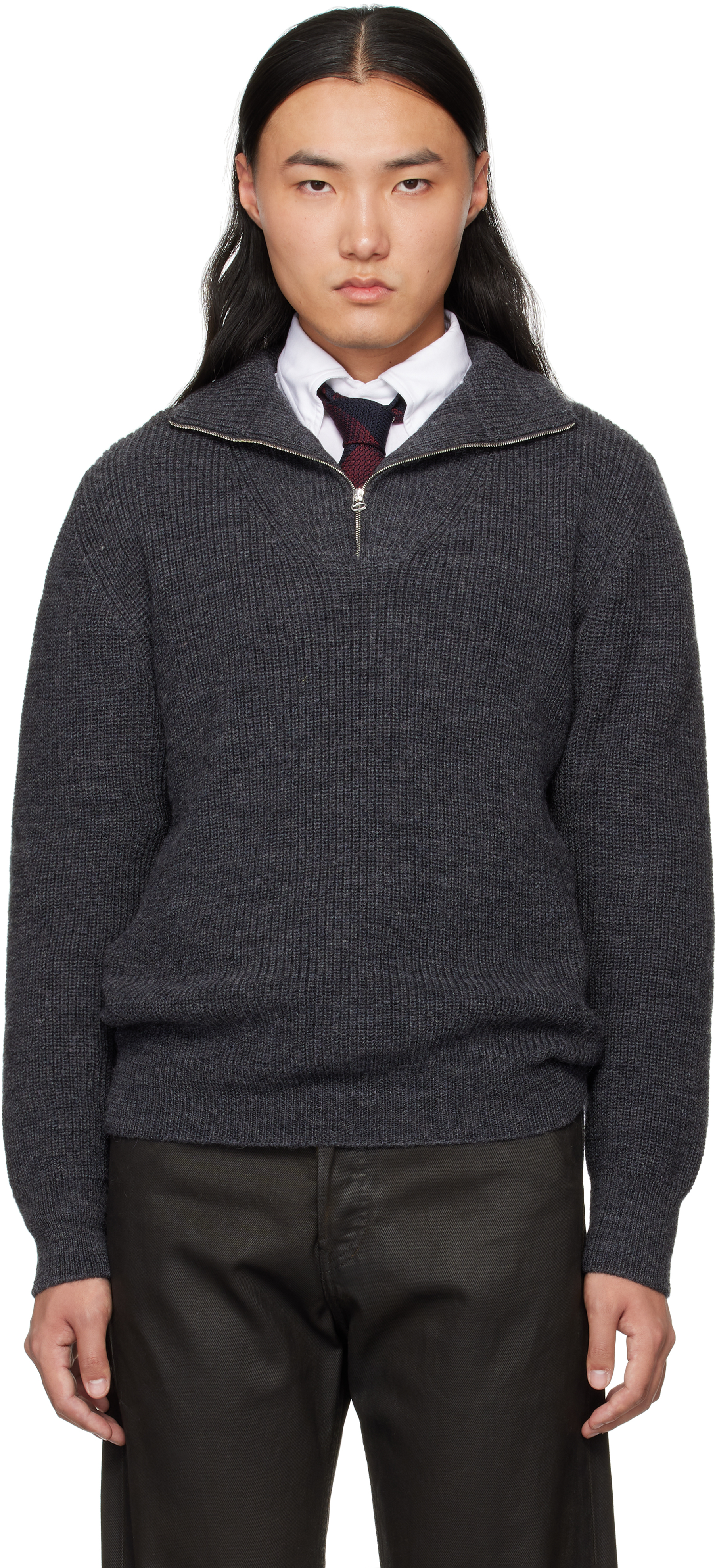 DRAKE'S GRAY WOOL QUARTER ZIP SWEATER 