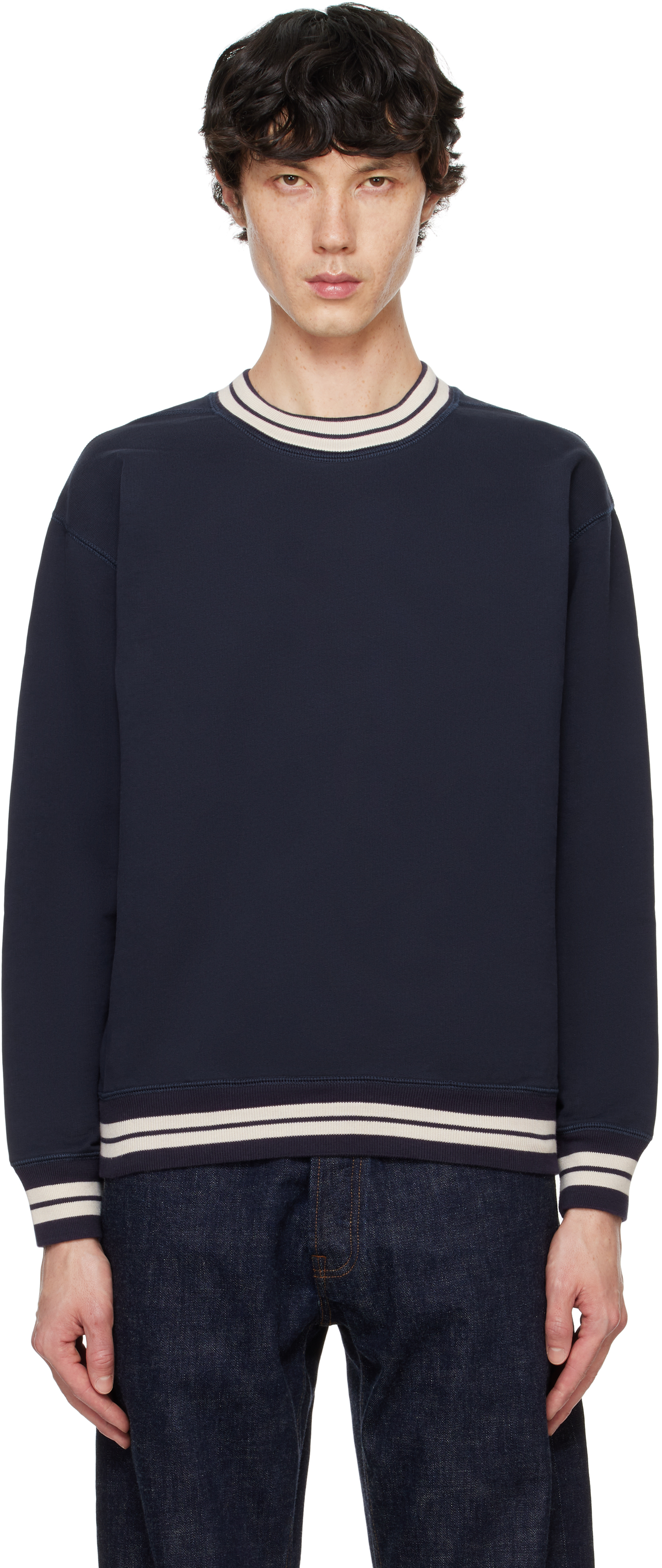 Navy Striped Rib Cotton Jersey Sweatshirt