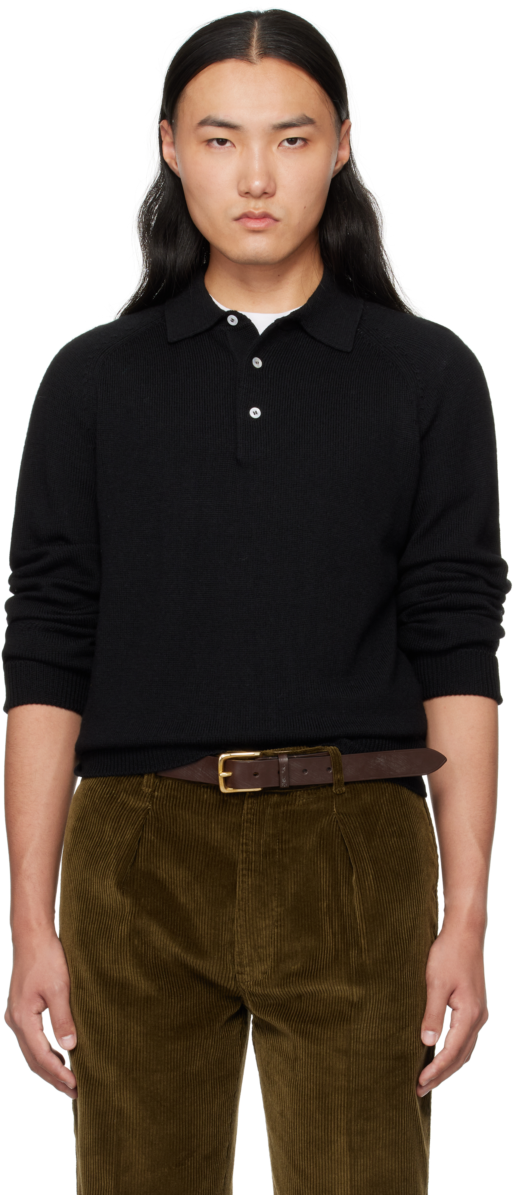 DRAKE'S BLACK MERINO WOOL KNITTED POLO 