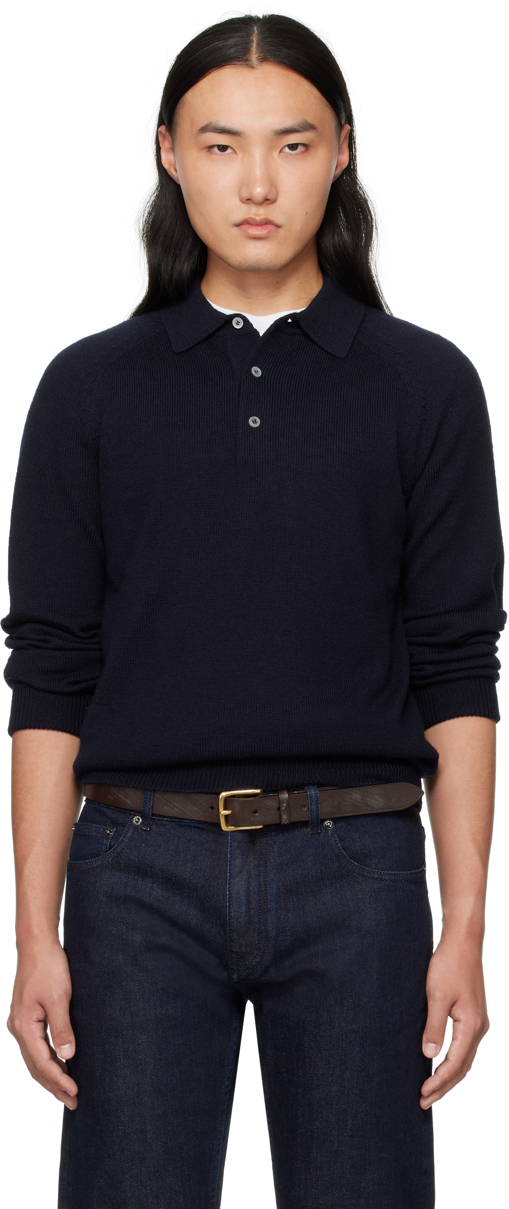 Navy Merino Wool Knitted Polo