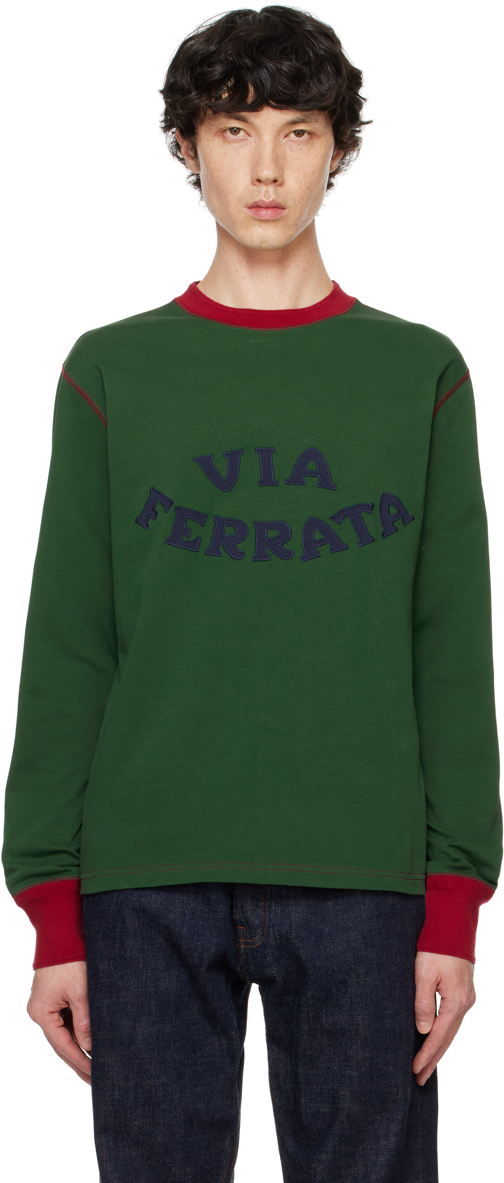 Shop Drake's Green 'via Ferrata' Cotton Long-sleeve Hiking T-shirt In 400 Grn, Burg & Navy