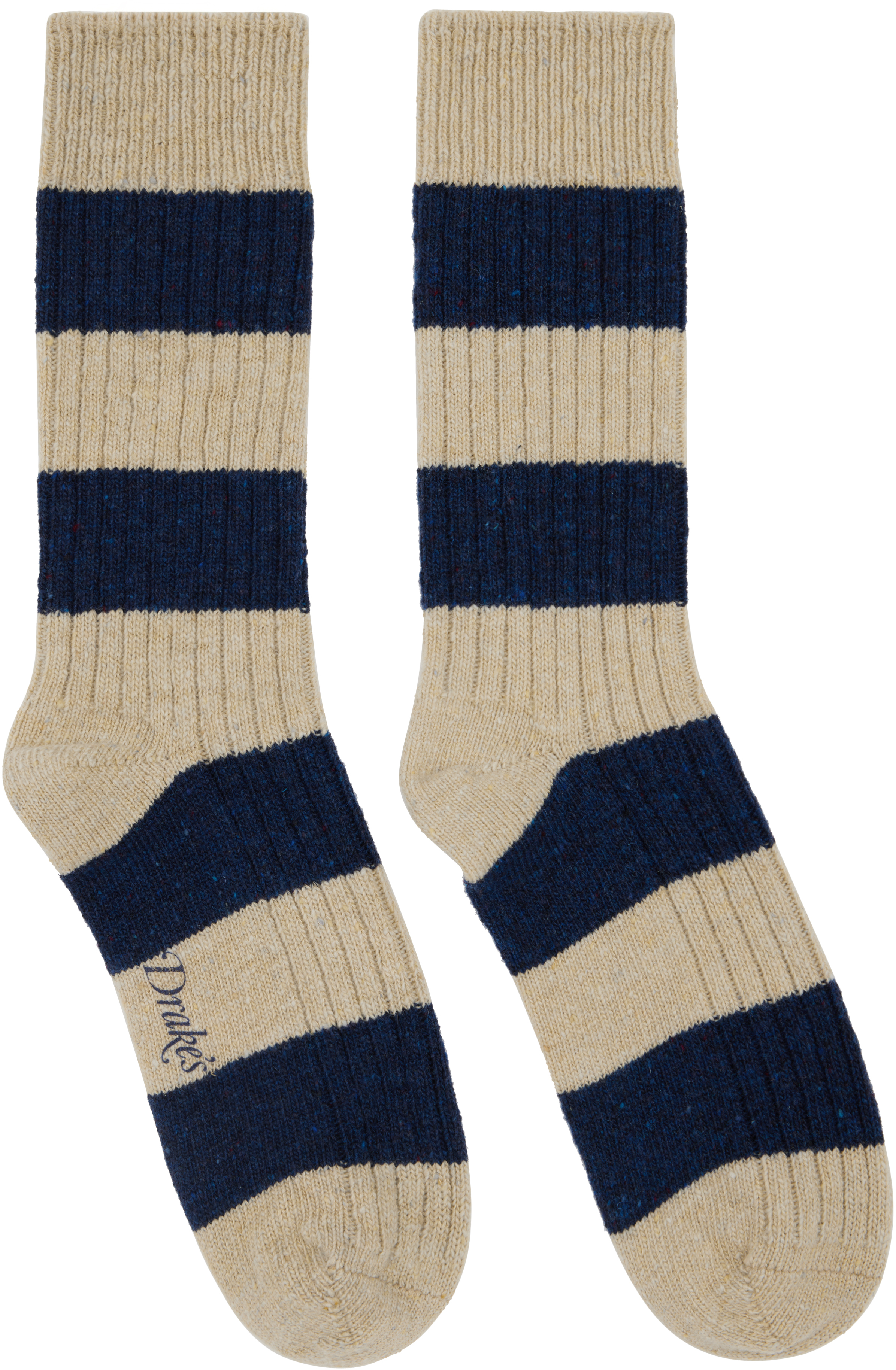 Shop Drake's Beige & Blue Striped Donegal Wool Socks In 252 Navy