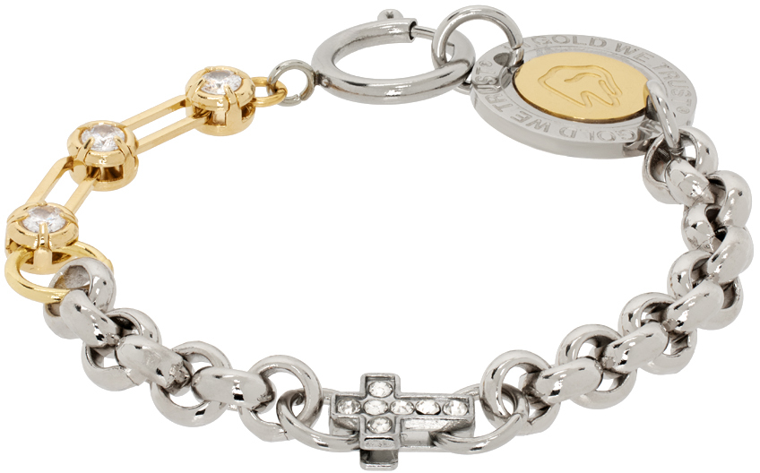 Silver & Gold Cross Charm Logo Clasp Bracelet