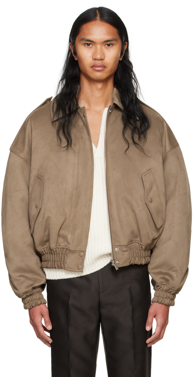 SYSTEM BROWN SPREAD COLLAR FAUX-LEATHER BOMBER JACKET 