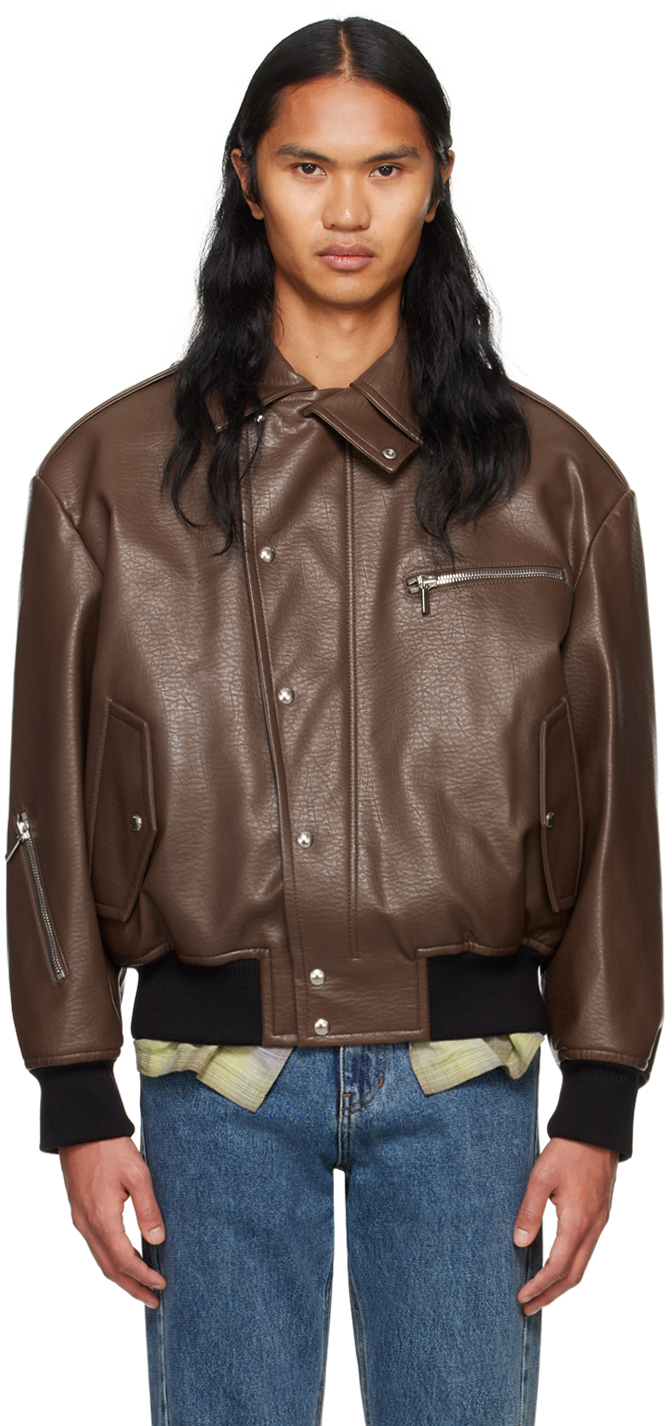 Shop System Brown Padded Faux-leather Jacket In Bc Bric