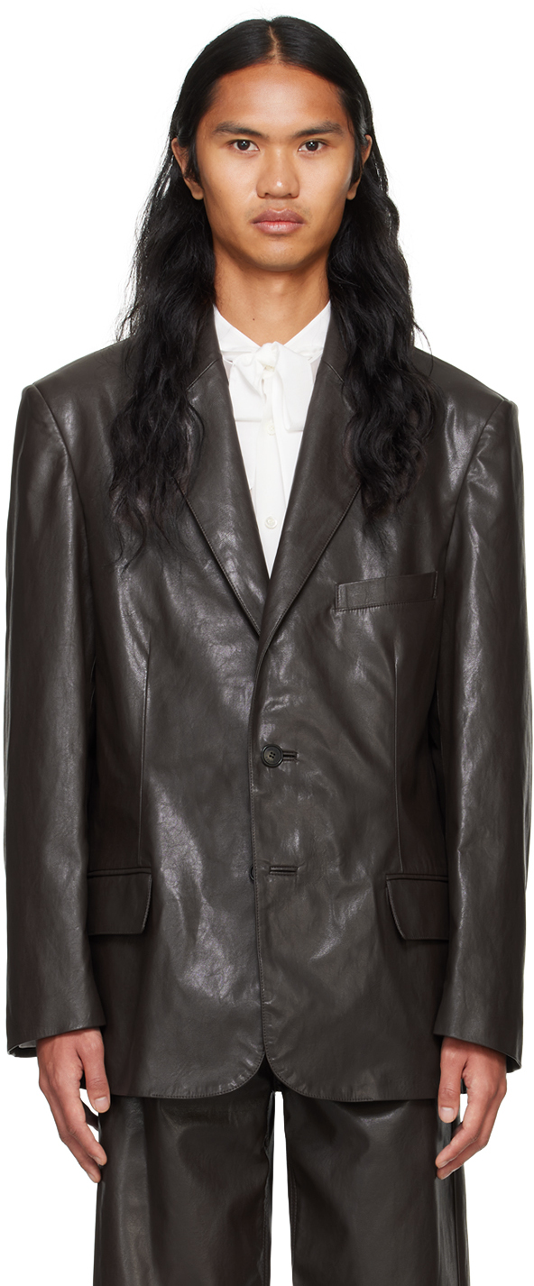 Brown Button Faux-Leather Blazer