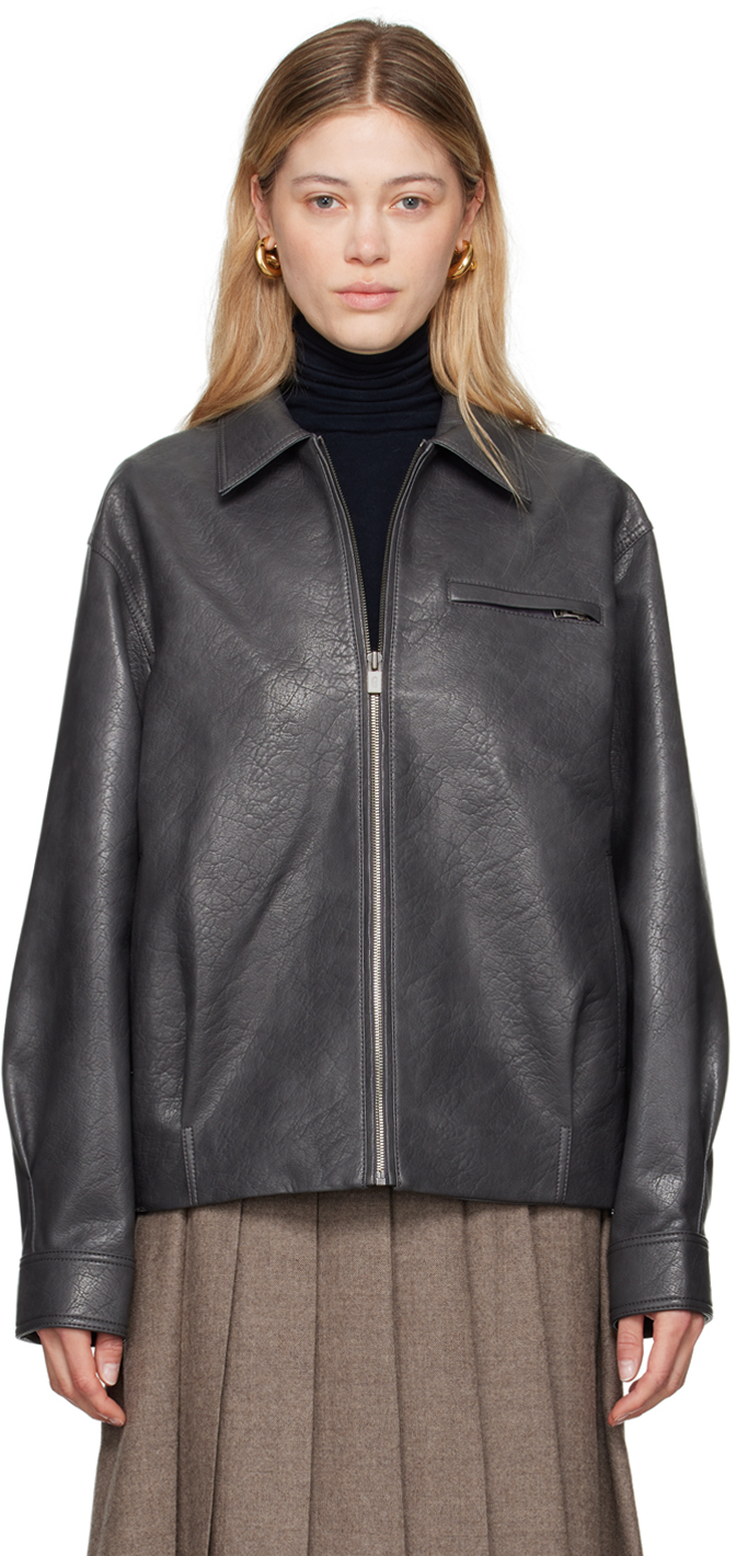 Shop Le17septembre Gray Spread Collar Faux-leather Jacket