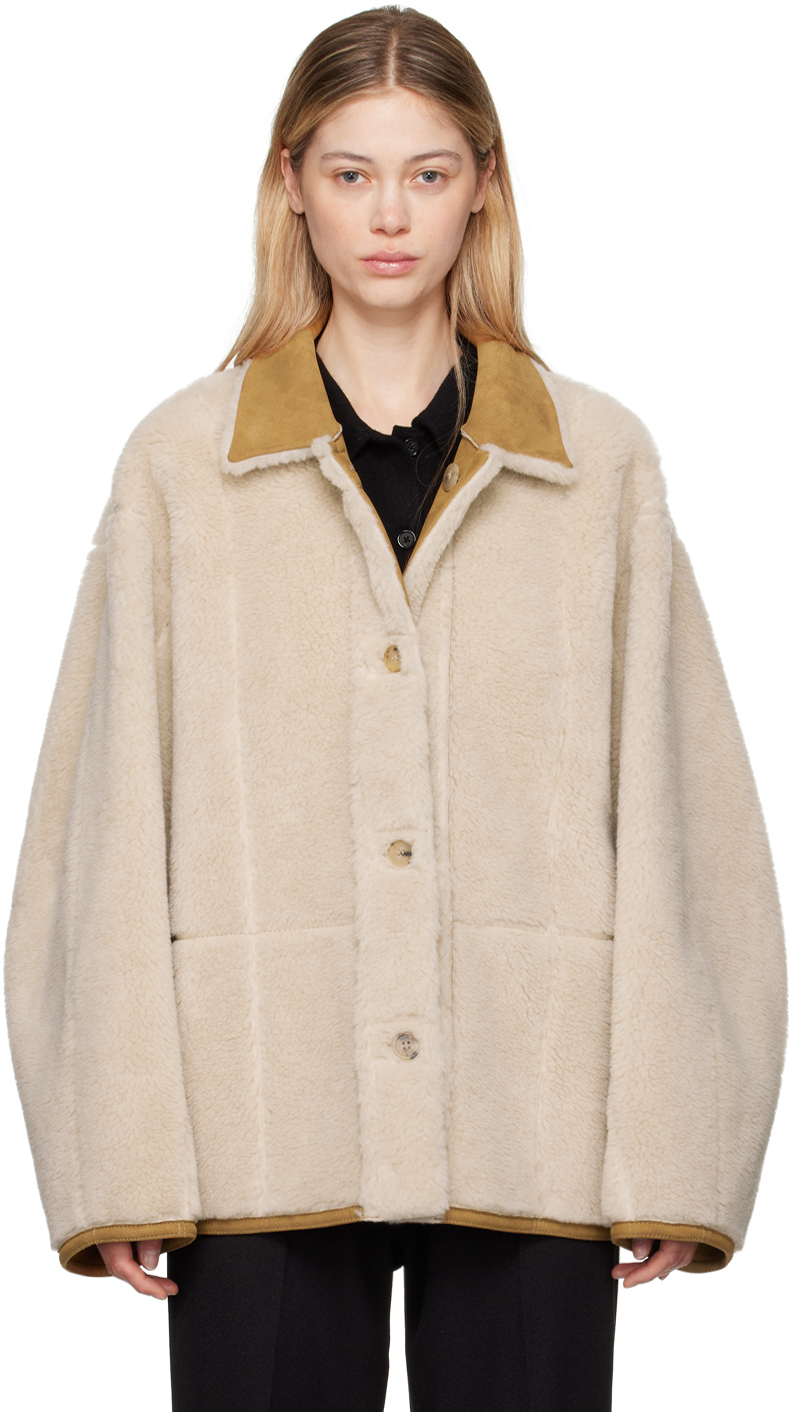 Tan Spread Collar Faux-Shearling Jacket