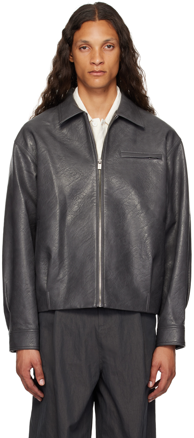 Gray Spread Collar Faux-Leather Jacket