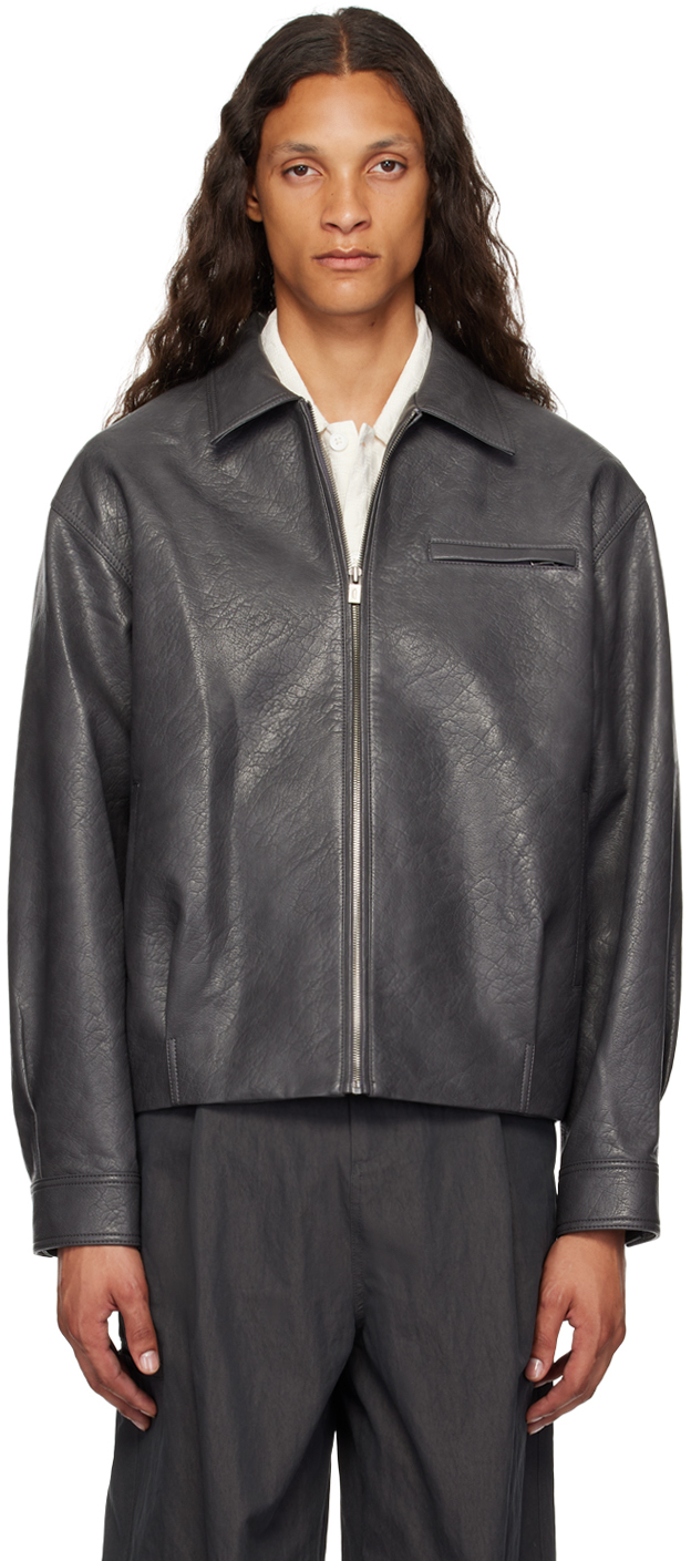 LE17SEPTEMBRE: Gray Spread Collar Faux-Leather Jacket | SSENSE