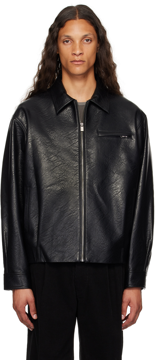 Black Spread Collar Faux-Leather Jacket