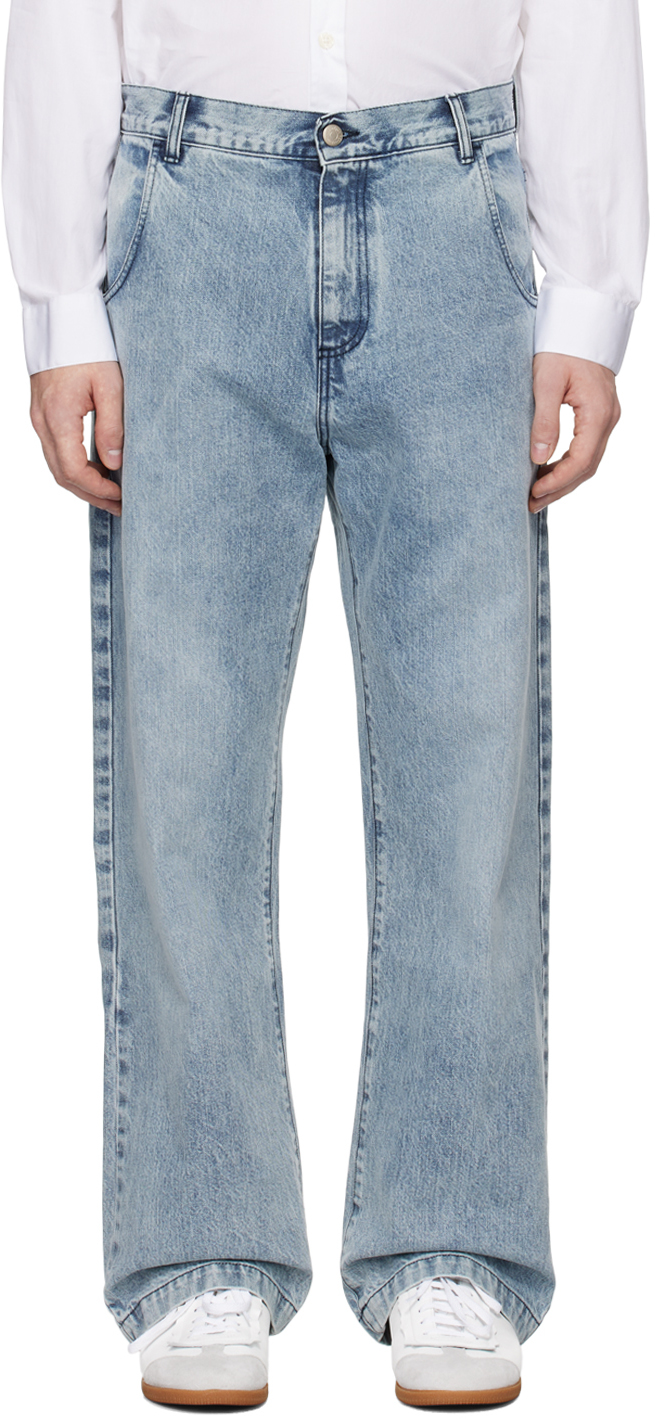 Shop Mfpen Blue Straight Cut Jeans In Striped Blue