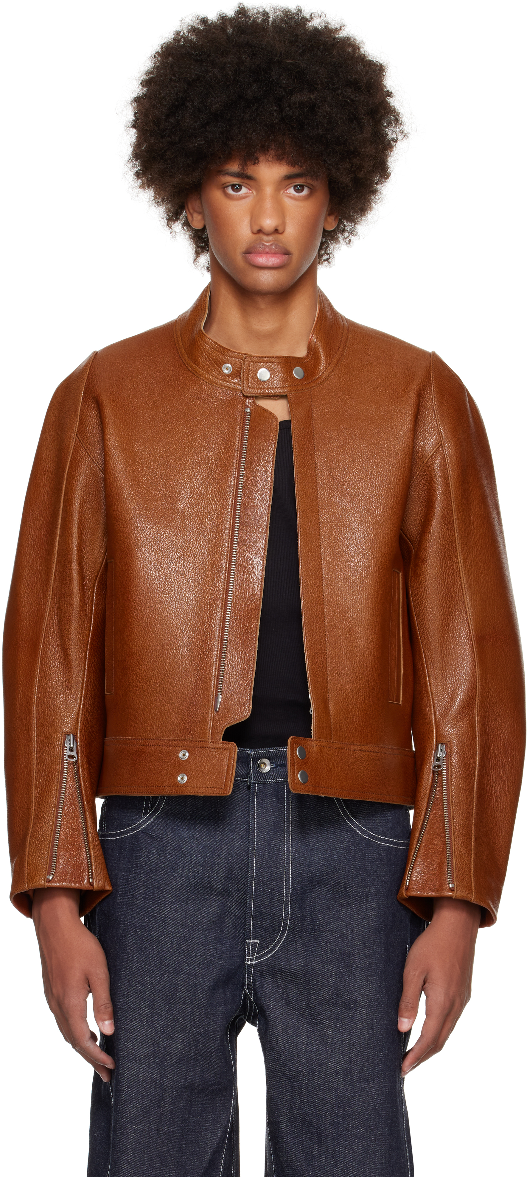 Shop Karmuel Young Brown 2-way Pocket Biker Leather Jacket