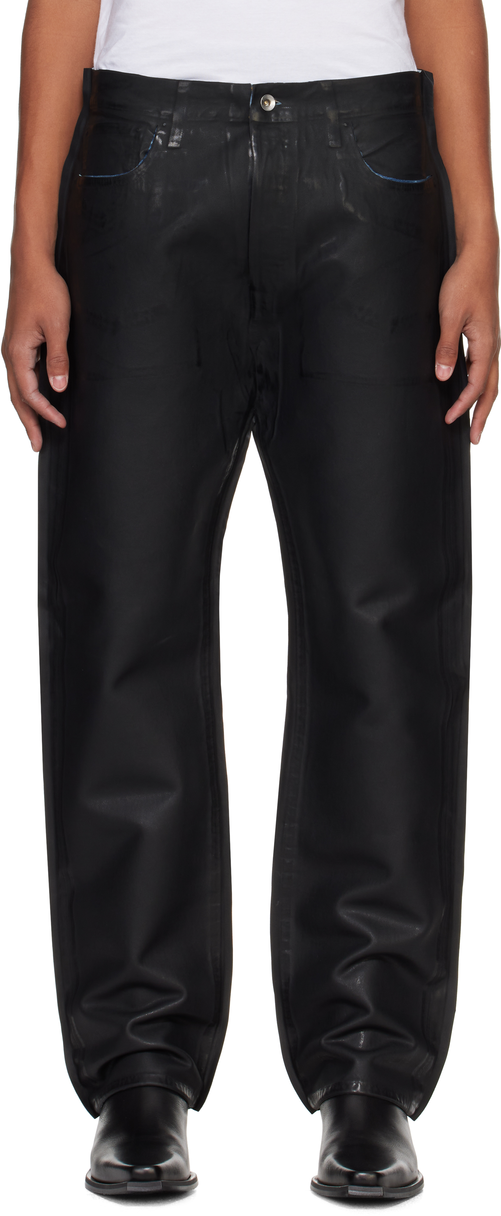 Shop Karmuel Young Black Re-edited Overprinted Pu Leather Jeans