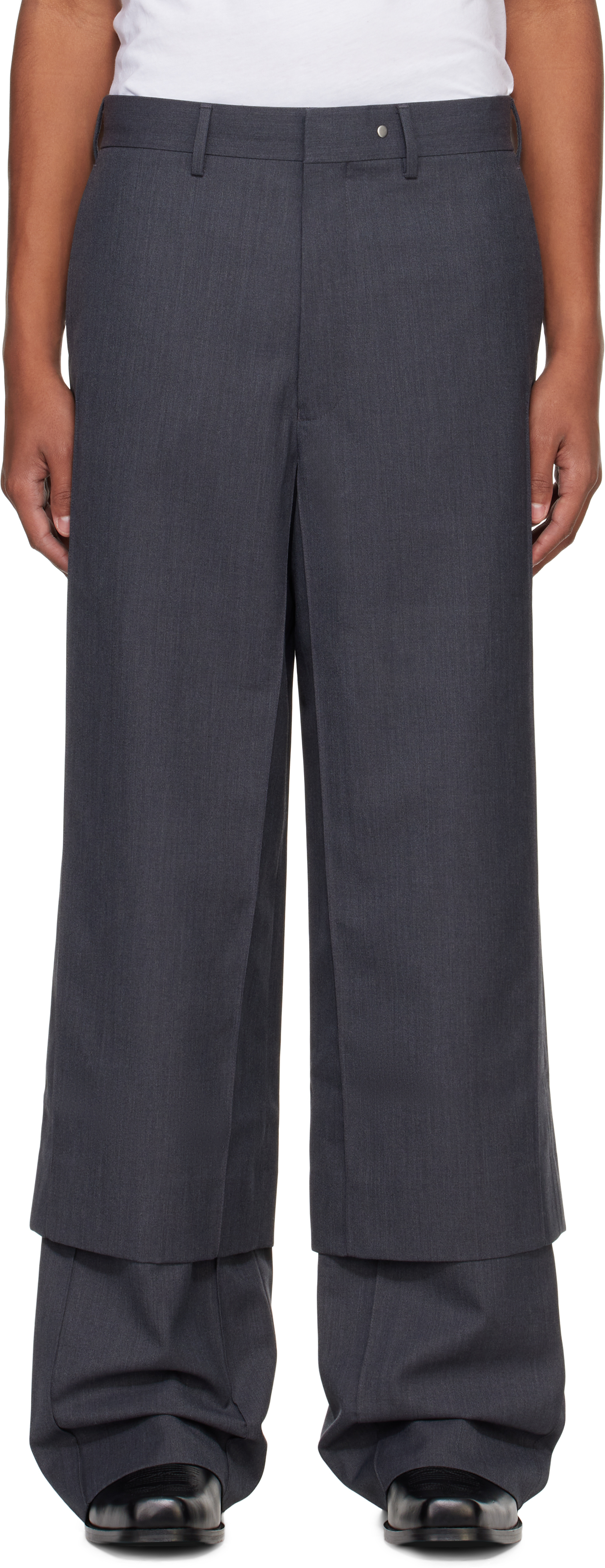 Gray Double Layered Cuboid Wool Wide Trousers