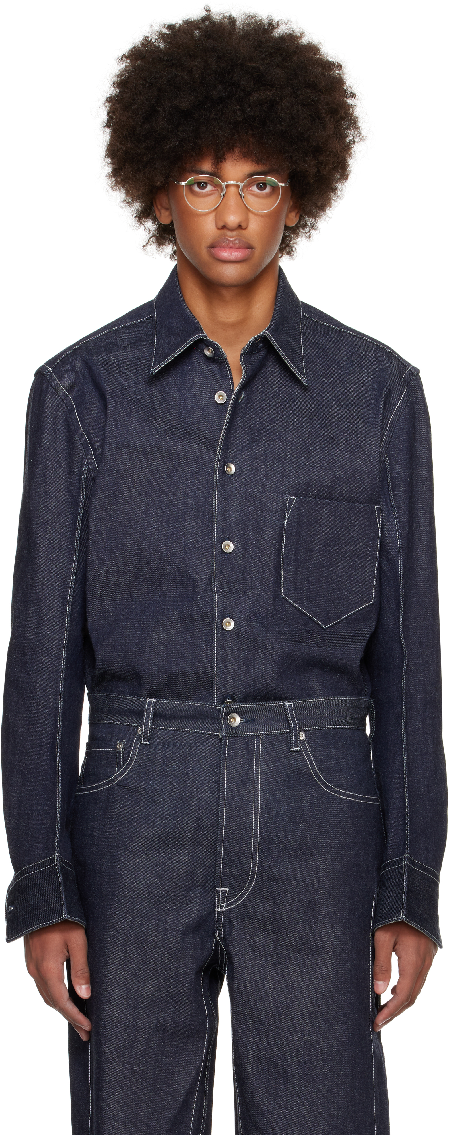 Shop Karmuel Young Navy Raw Curved Arm Denim Shirt