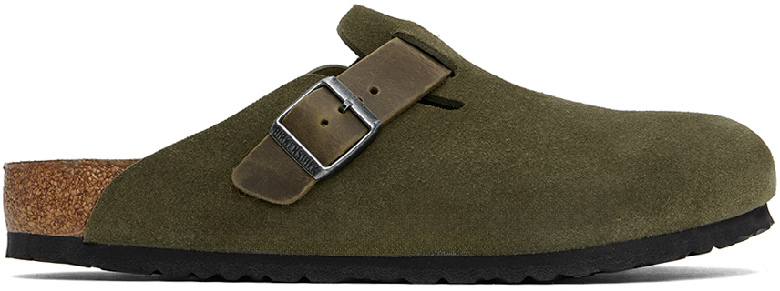 Shop Birkenstock Khaki Regular Boston Loafers In Thyme Suede/oiled Le