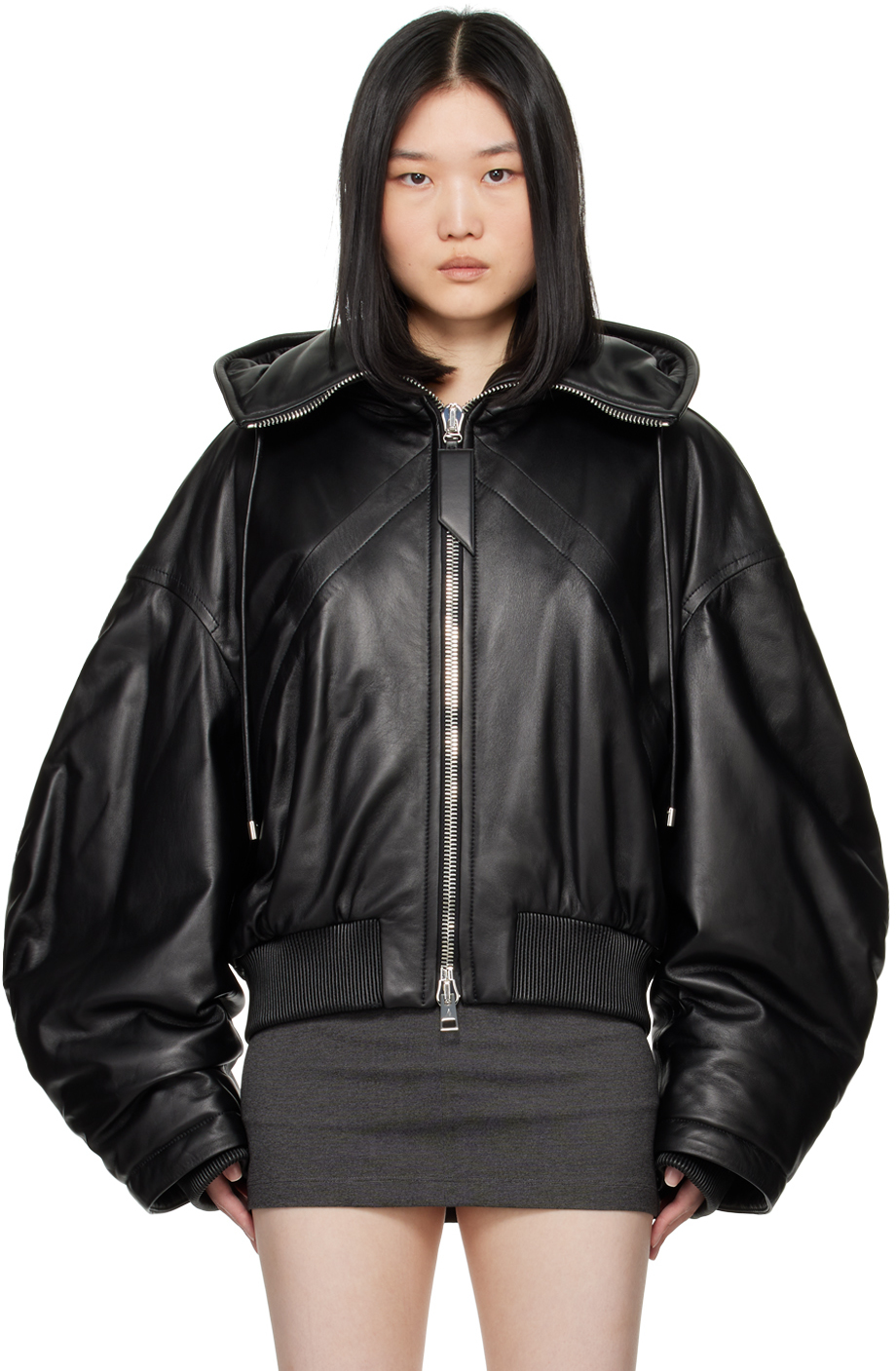 Shop Attico Black Leather Bomber Jacket In 100 Black