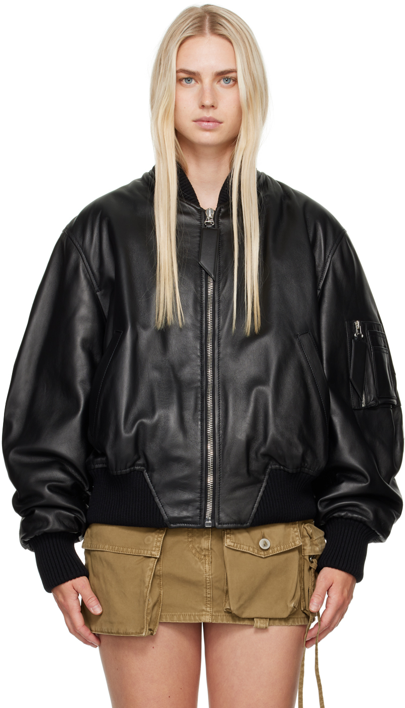 Shop Attico Black Anja Leather Bomber Jacket In 100 Black