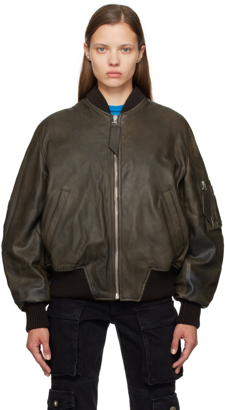 Shop Attico Ssense Exclusive Brown Anja Leather Bomber Jacket In 832 Lark & Pirate Bl