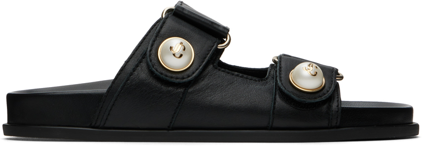 【関税込み】Jimmy Choo ブラック Fayence サンダル FAYENCE SANDAL | Black Leather Flat Sandals with Pearl