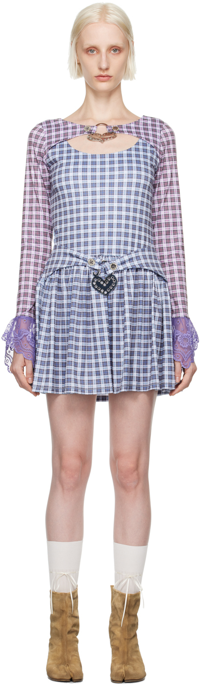 Shop Chopova Lowena Pink & Blue Sally Heart Mini Dress In Pink/blue Tartan