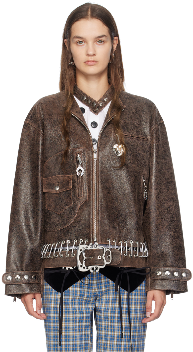 Shop Chopova Lowena Brown Carabiner Leather Jacket