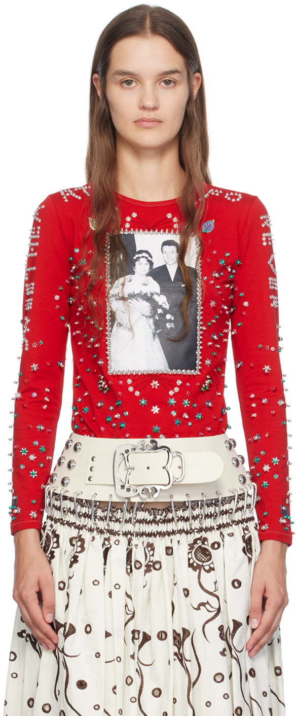 Shop Chopova Lowena Red E+i Wedding Day Beaded Long Sleeve T-shirt