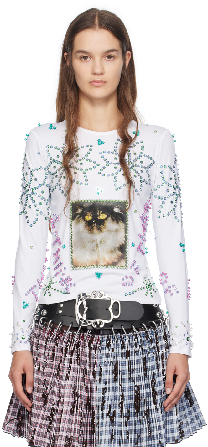 White Kitty Beaded Long Sleeve T-Shirt