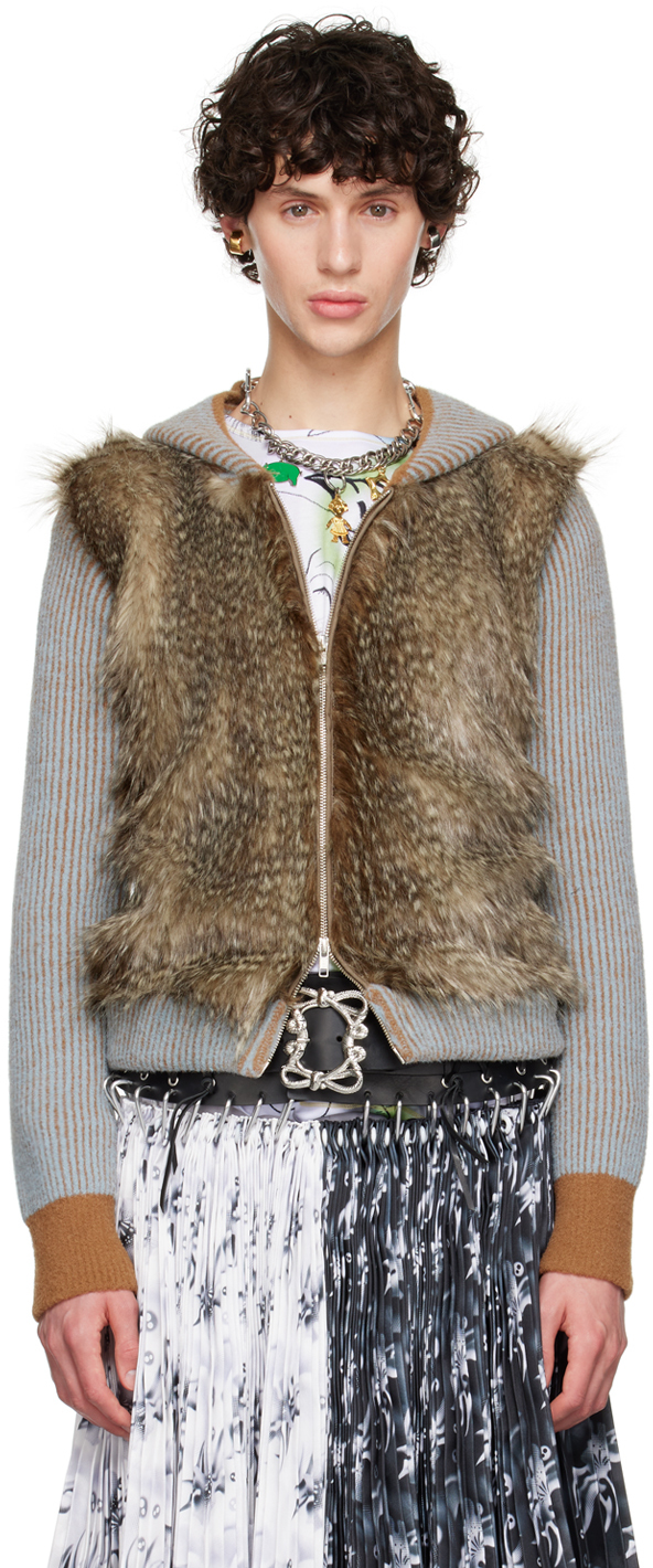 Shop Chopova Lowena Brown & Blue Knotter Faux-fur Hoodie