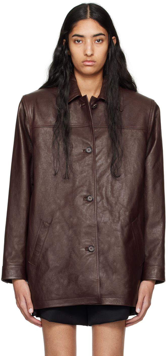 Shop Magda Butrym Burgundy Oversized Button Up Leather Jacket In Bordeaux