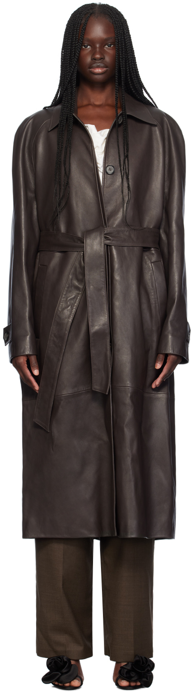 Brown Belted Leather Trench Coat