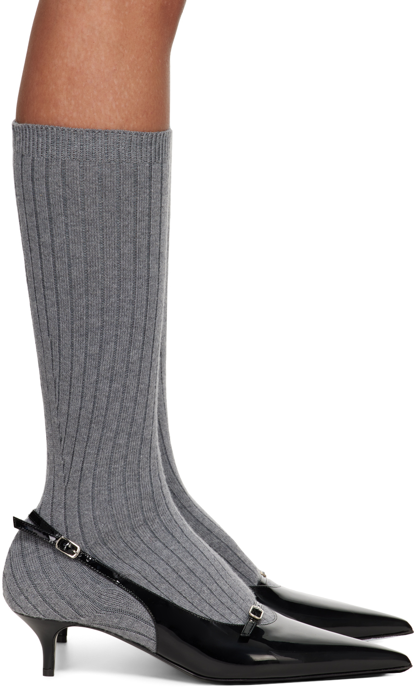 Gray & Black Ribbed Sock Boot Heels